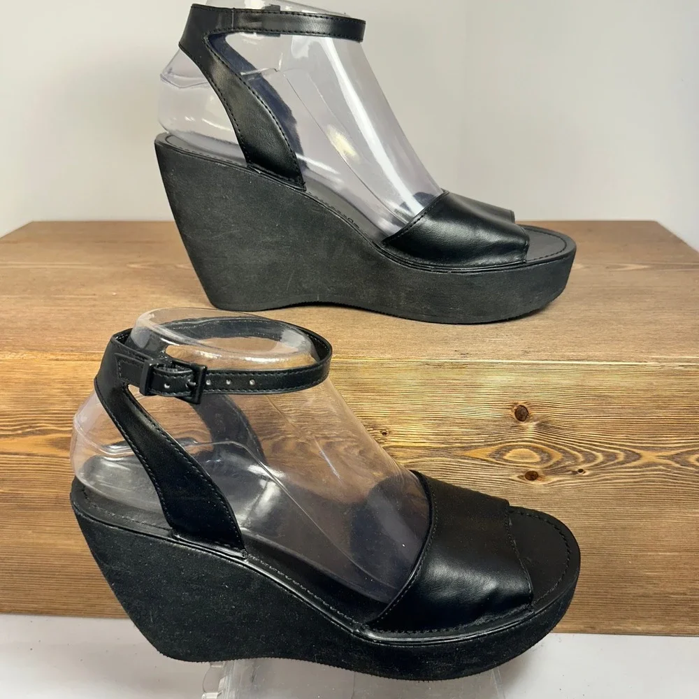 Y2K Platform Wedge Sandals Womens 7.5 Black Scene Emo Mall Goth McBling Clubwear